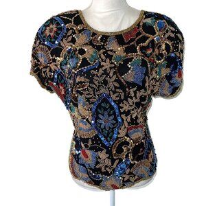Black Tie I. Magnin Womens Blouse Black Size Medium M Vintage Beaded Zipper Back